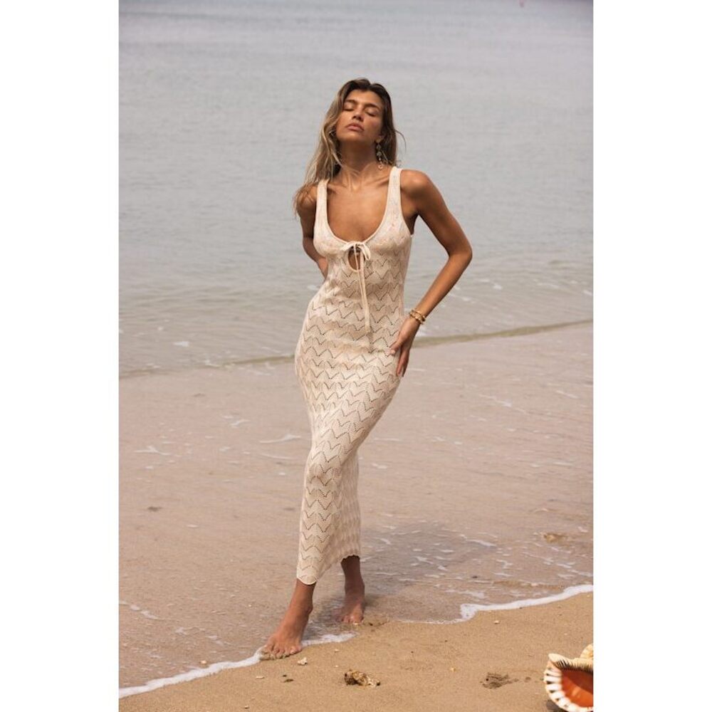Lulus Cassis Beige Crochet Tie-front Maxi Swim Cover-up - Size S